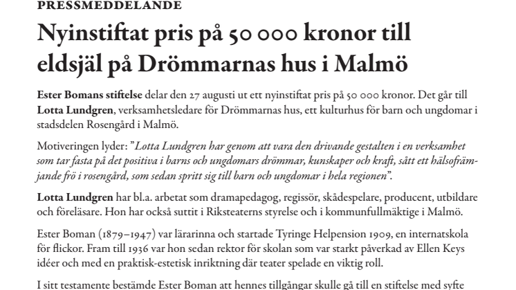 Nyinstiftat pris på 50 000 kronor till eldsjäl på Drömmarnas hus i Malmö