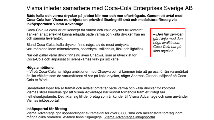 Visma inleder samarbete med Coca-Cola Enterprises Sverige AB