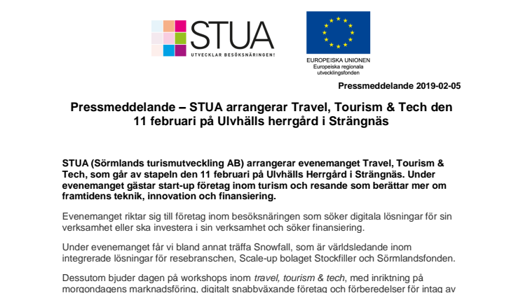 STUA arrangerar Travel, Tourism & Tech den 11 februari på Ulvhälls herrgård i Strängnäs
