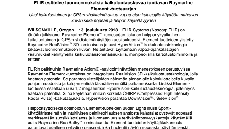 Raymarine: FLIR esittelee luonnonmukaista kaikuluotauskuvaa tuottavan Raymarine Element -tuotesarjan