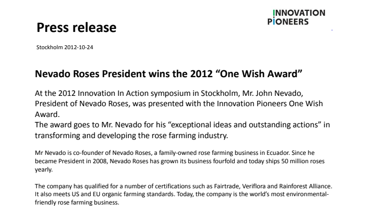 Nevado Roses President wins the 2012 “One Wish Award”