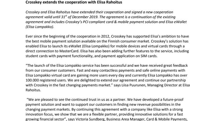 Crosskey extends the cooperation with Elisa Rahoitus