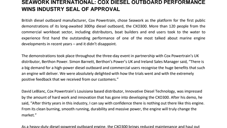  Seawork International: Cox Diesel Outboard Performance Wins Industry Seal of Approval 