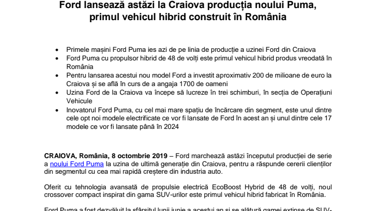Ford lansează astăzi la Craiova producția noului Puma, primul vehicul hibrid construit în România