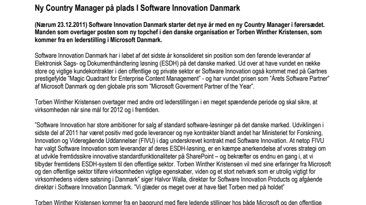 Ny Country Manager på plads I Software Innovation Danmark 