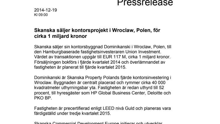 Skanska säljer kontorsprojekt i Wroclaw, Polen, för cirka 1 miljard kronor