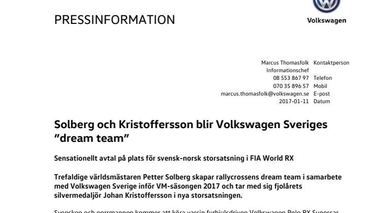 Solberg och Kristoffersson blir Volkswagen Sveriges ”dream team”