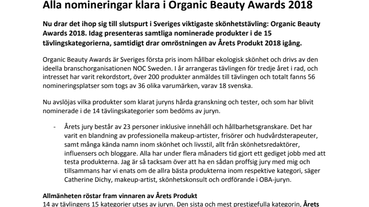 Alla nomineringar klara i Organic Beauty Awards 2018
