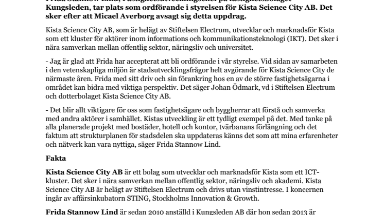 Frida Stannow Lind ny ordförande i styrelsen för Kista Science City AB