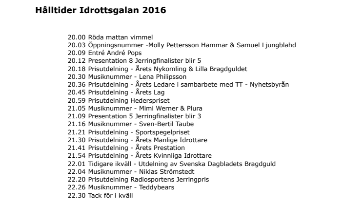 Körschema TV sändning Svenska Idrottsgalan 2016
