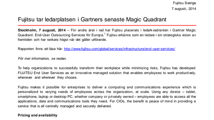 Fujitsu tar ledarplatsen i Gartners senaste Magic Quadrant