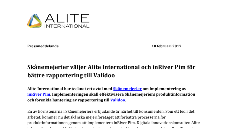 Skånemejerier väljer Alite International och inRiver Pim för bättre rapportering till Validoo 