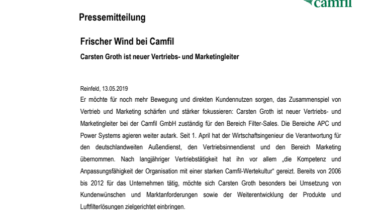 Frischer Wind bei Camfil | Carsten Groth ist neuer Vertriebs- und Marketingleiter