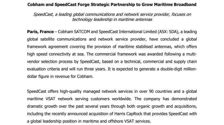 Cobham SATCOM: Cobham and SpeedCast Forge Strategic Partnership to Grow Maritime Broadband