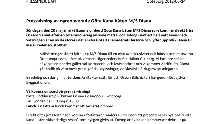 Pressinbjudan: Visning av nyrenoverade Göta Kanalbåten M/S Diana