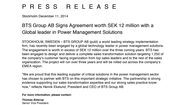 BTS Group AB Signs Agreement worth SEK 12 million with a Global leader in Power Management Solutions 