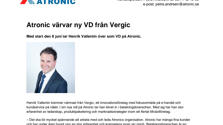 Atronic värvar ny VD från Vergic