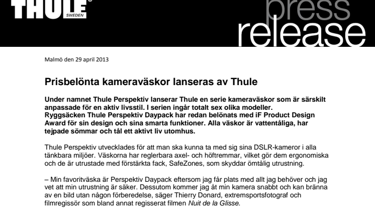 Prisbelönta kameraväskor lanseras av Thule