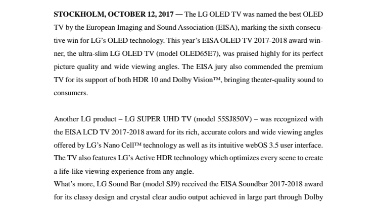 Three LG Products Takes Top Honors at EISA