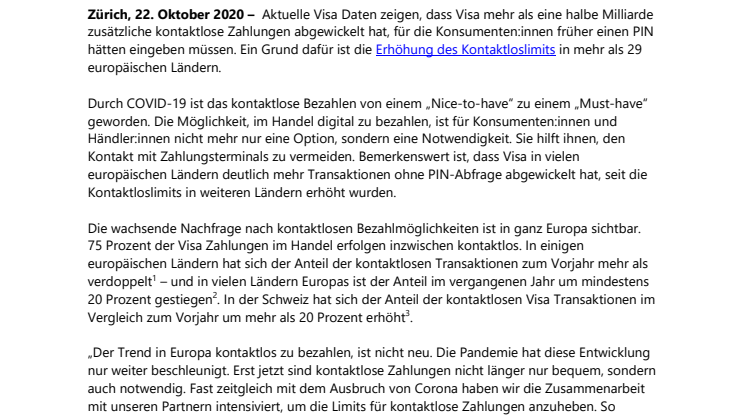 500 Millionen zusätzliche kontaktlose Visa Transaktionen nach Erhöhungen der Kontaktloslimits in Europa