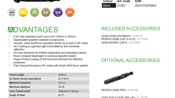HD Pentax 16-85mm DA F/3.5-5.6 ED DC WR spesifikasjoner