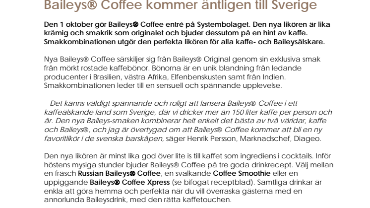 Baileys Coffee - Ny på Systembolaget
