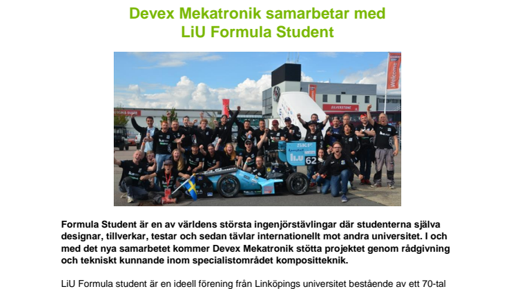 Devex Mekatronik samarbetar med LiU Formula Student