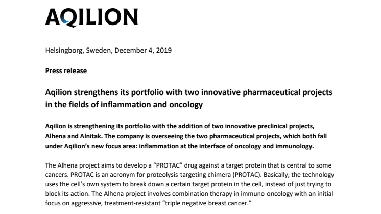 Aqilion strengthens its portfolio with two innovative pharmaceutical projects in the fields of inflammation and oncology