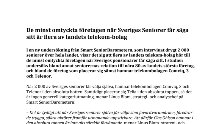 De minst omtyckta företagen när Sveriges Seniorer får säga sitt är flera av landets telekom-bolag