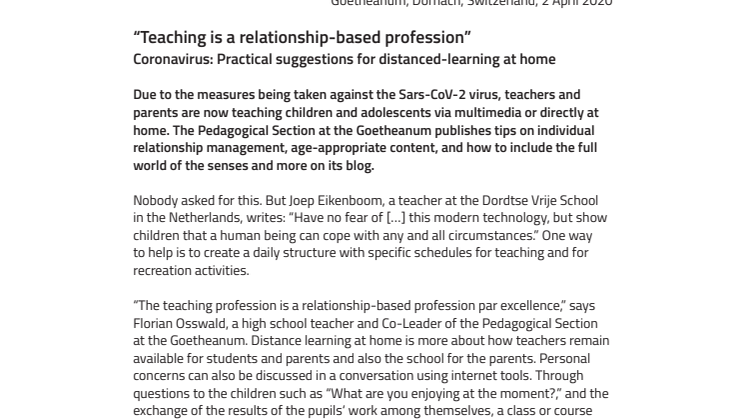Coronavirus – practical suggestions for distanced-learning at home: “Teaching is a relationship-based profession” 