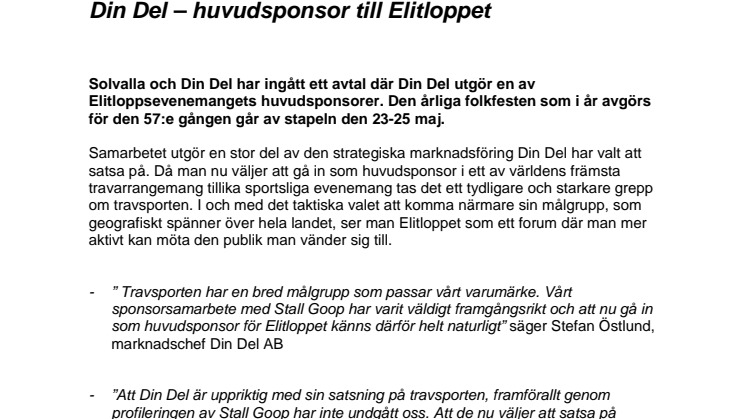 Din Del – huvudsponsor till Elitloppet