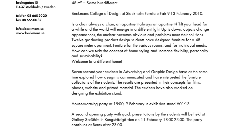 Beckmans College of Design at Stockholm Furniture Fair 9-13 February 2010