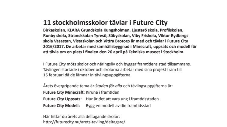 Elva stockholmsskolor tävlar i Future City