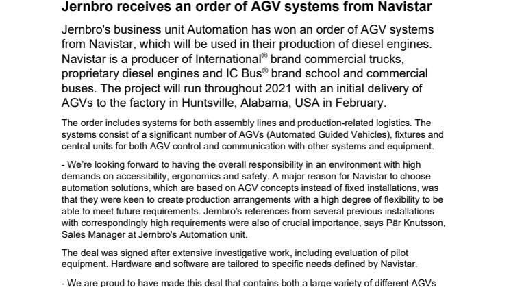 Jernbro får Navistar-order på AGV-system
