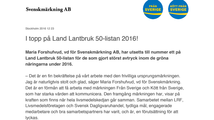 I topp på Land Lantbruk 50-listan 2016!
