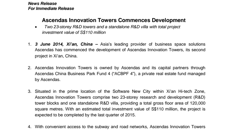 Ascendas Innovation Towers Commences Development