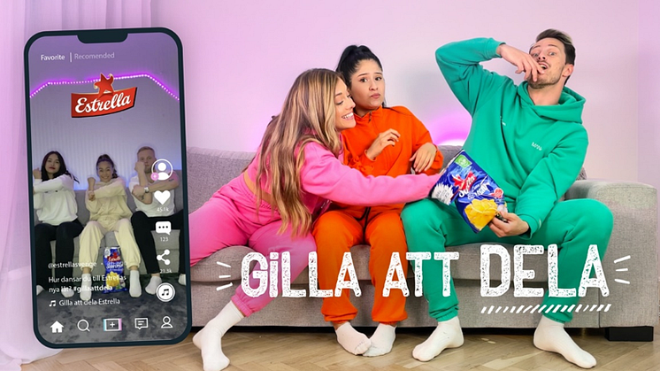Några av profilerna i Estrellas nya Gilla att dela-kampanj är dansduon Nino&Julia och Pimpiina, kända från bl.a. Tiktok
