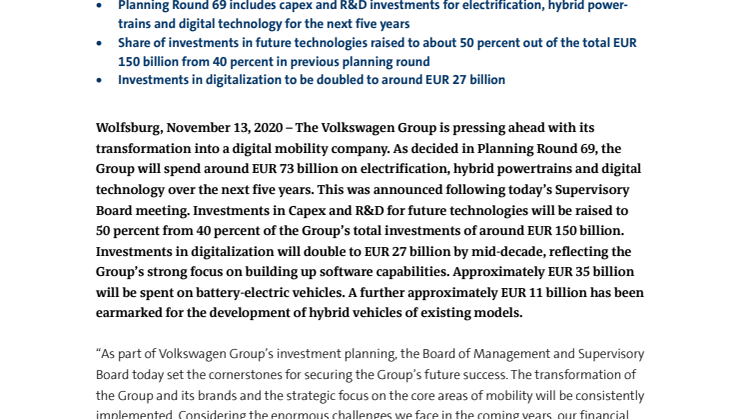 Volkswagen Group raises investments in future technologies to EUR 73 billion