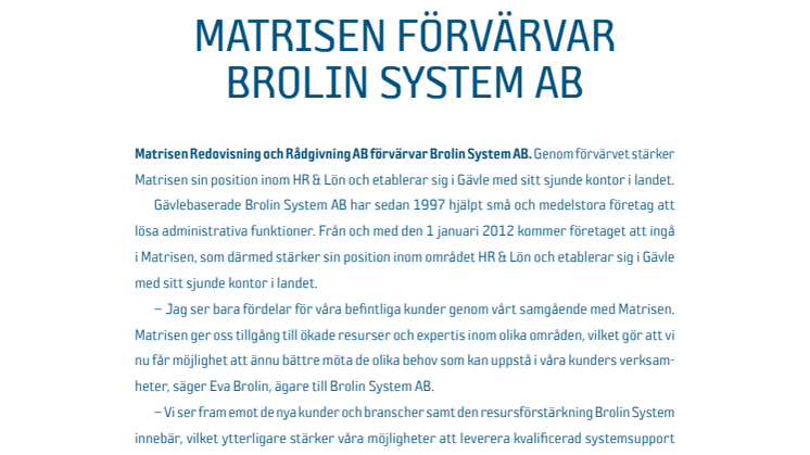 Matrisen förvärvar Brolin System AB
