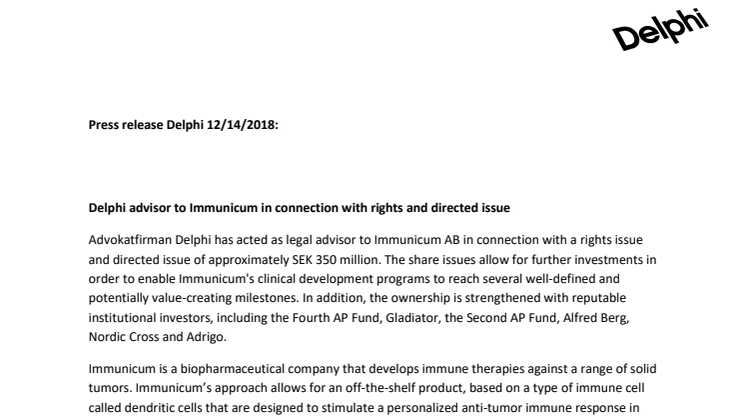 Delphi advisor to Immunicum in connection with rights and directed issue