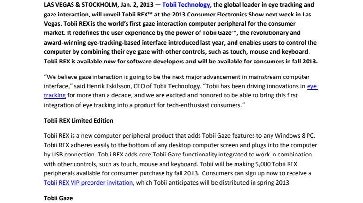 Tobii REX, World’s First Consumer Peripheral for Gaze Interaction, to be Unveiled at CES