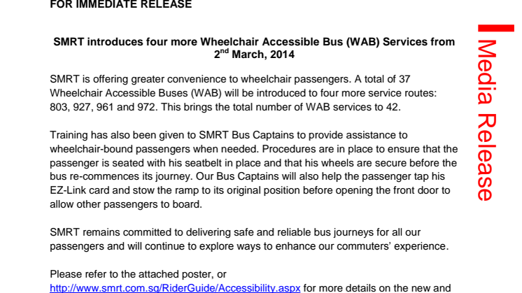 SMRT introduces four more Wheelchair Accessible Bus (WAB) Services from 2nd March, 2014