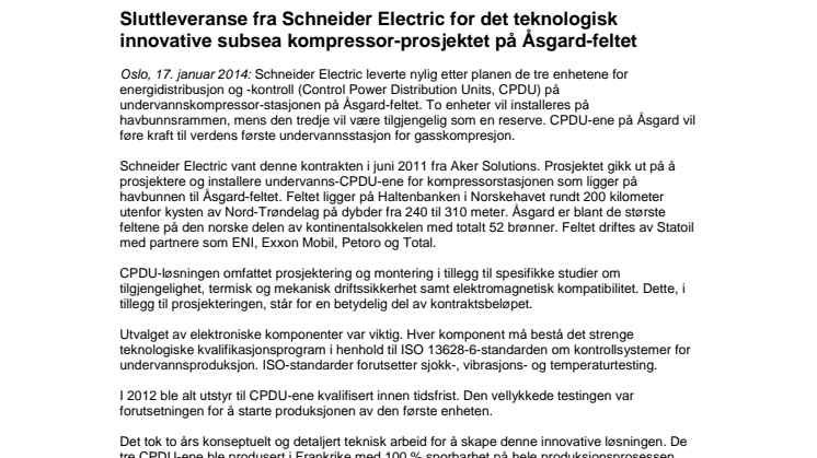 Sluttleveranse fra Schneider Electric for det teknologisk innovative subsea kompressor-prosjektet på Åsgard-feltet