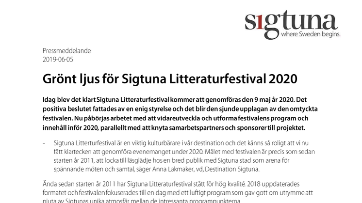 Grönt ljus för Sigtuna Litteraturfestival 2020