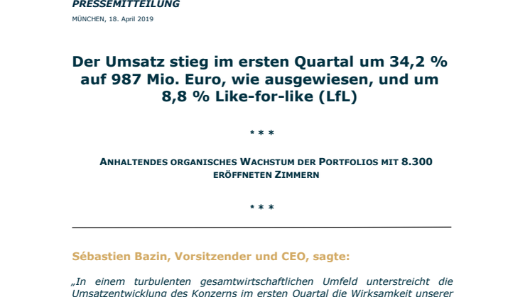 Der Umsatz stieg im ersten Quartal um 34,2 % auf 987 Mio. Euro, wie ausgewiesen, und um 8,8 % Like-for-like (LfL) 