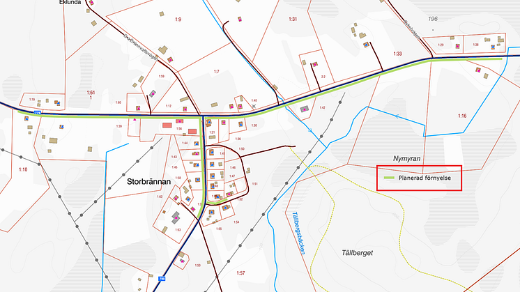 Planerade sträckor för förnyelse av vägbelysning i Storbrännan, Burträsk. Karta: Skellefteå kommun