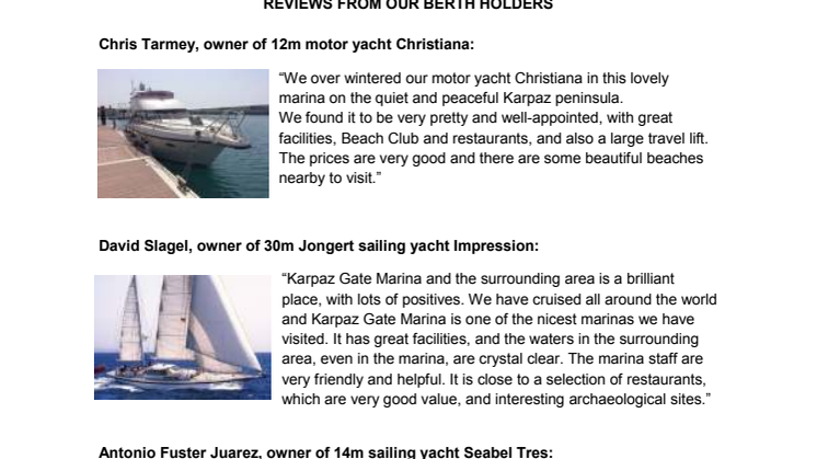 Press Kit #3: Reviews from Berth Holders at Karpaz Gate Marina