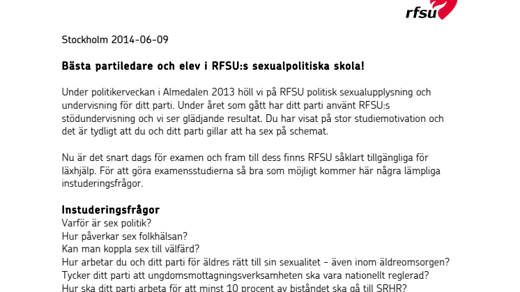 Brevet till partiledare och elever i RFSU:s sexualpolitiska skola