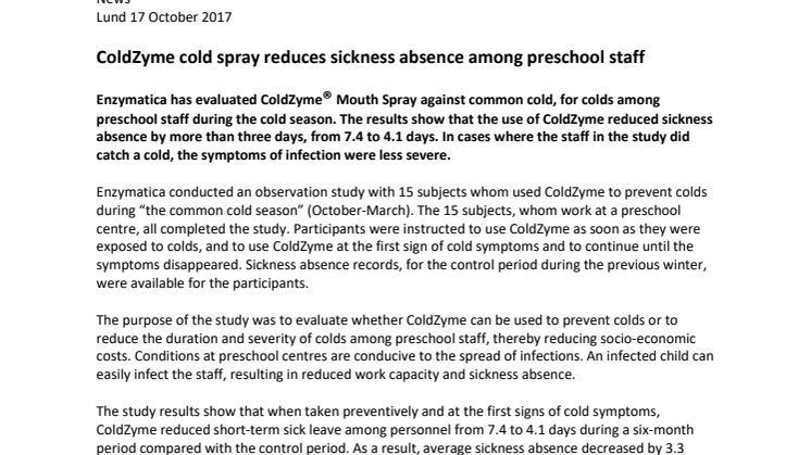 ColdZyme cold spray reduces sickness absence among preschool staff