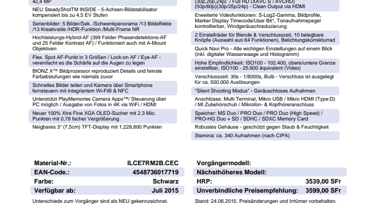 Datenblatt ILCE-7RM2 von Sony